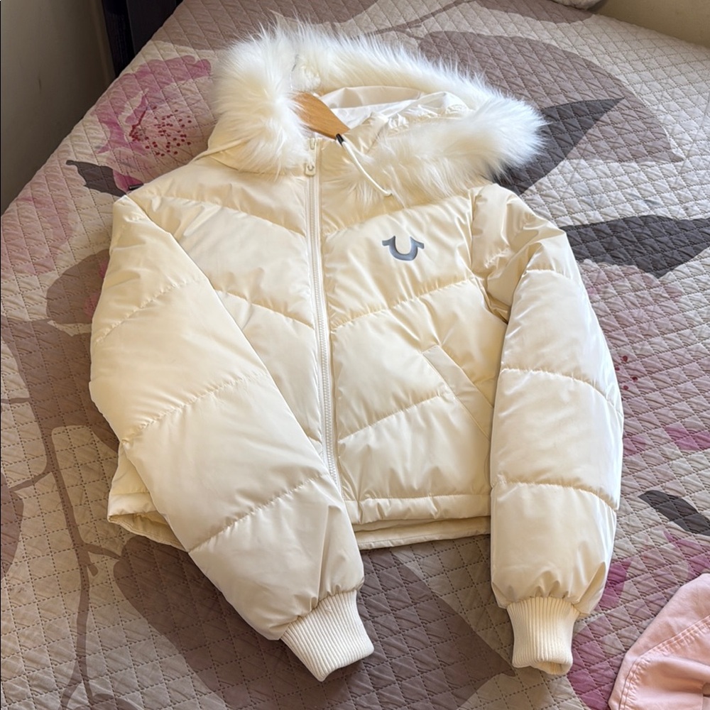True Religion Cream Puffer Jacket with Faux Fur Hood